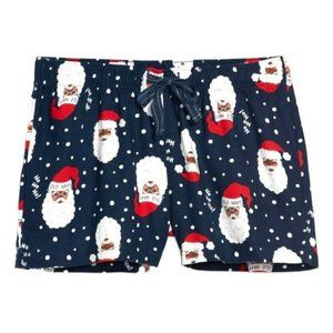 Santa Flannel Shorts Pajamas Sleep Lounge Tan Blue Woman's Size L JJ3380